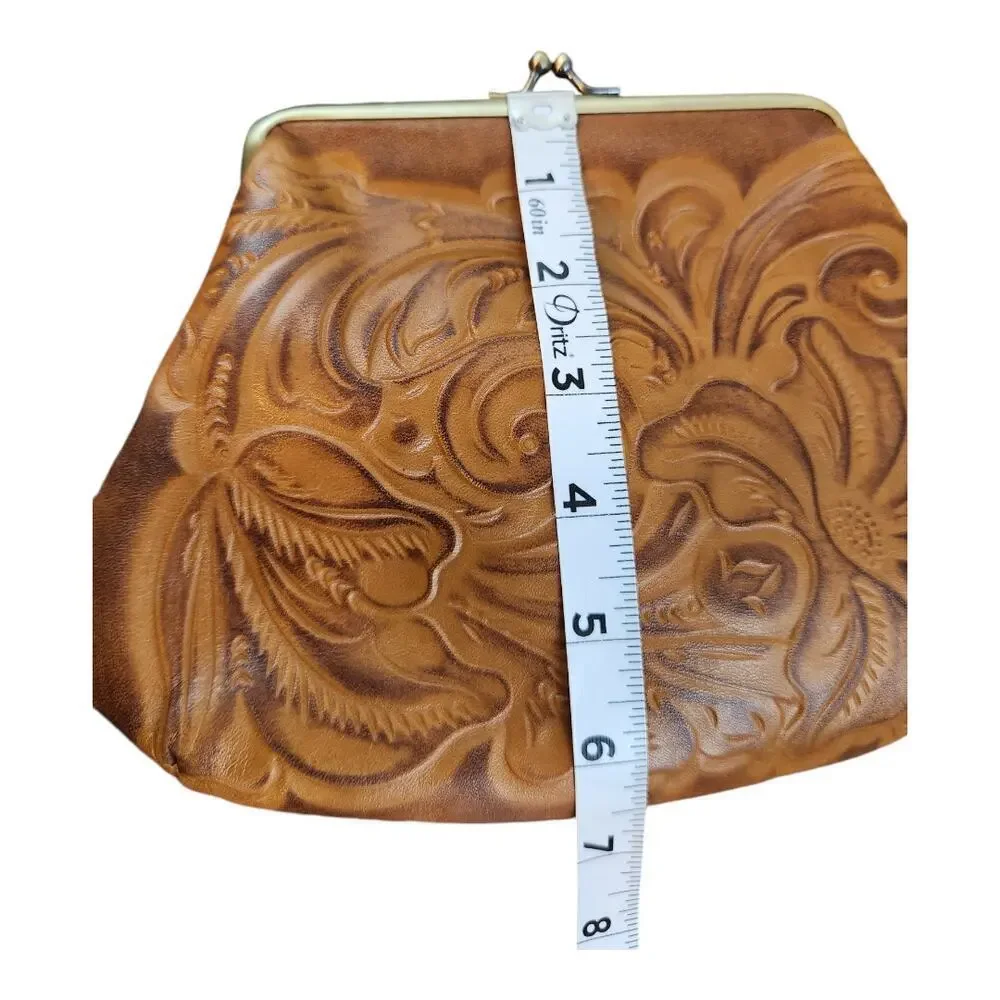 Patricia Nash Savena tooled brown leather clutch kisslock wallet missing strap